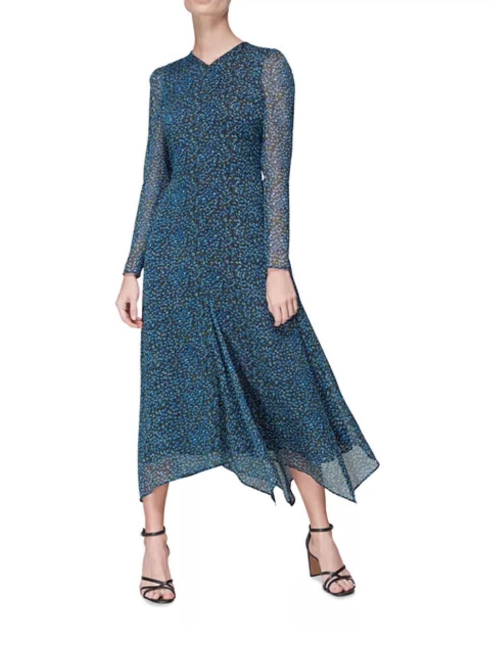 Whistles Scattered Bloom Blue Floral Long-Sleeve Midi Dress Size 2